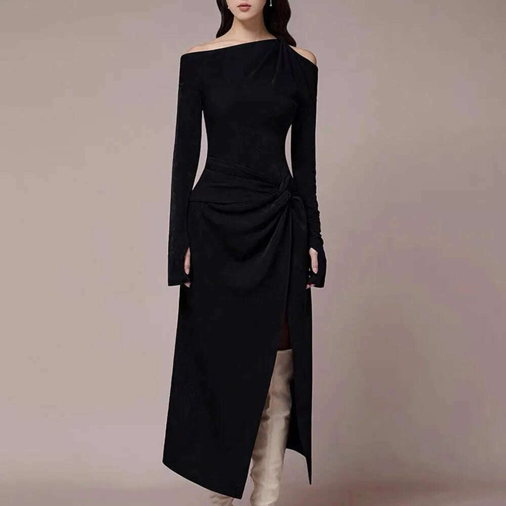 KIMLUD, VGH Solid Patchwork Folds Elegant Dress For Women Diagonal Collar Long Sleeve High Waist Temperament Split Dresses Female New, black / M, KIMLUD APPAREL - Womens Clothes