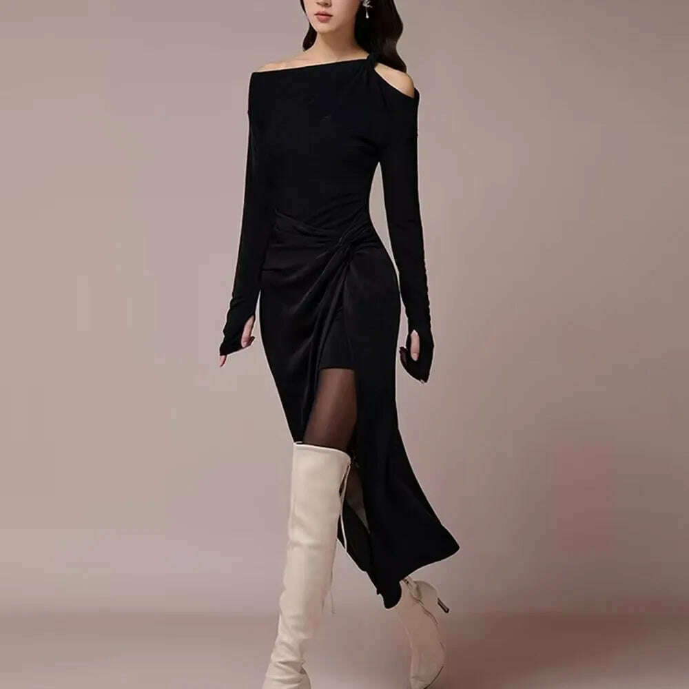 KIMLUD, VGH Solid Patchwork Folds Elegant Dress For Women Diagonal Collar Long Sleeve High Waist Temperament Split Dresses Female New, KIMLUD Womens Clothes