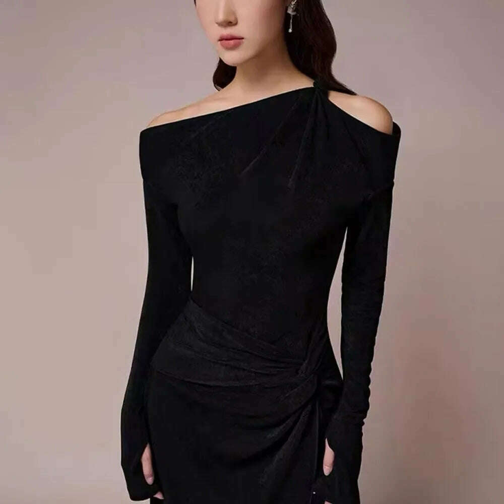 KIMLUD, VGH Solid Patchwork Folds Elegant Dress For Women Diagonal Collar Long Sleeve High Waist Temperament Split Dresses Female New, KIMLUD Womens Clothes