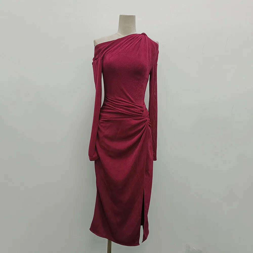 KIMLUD, VGH Solid Patchwork Folds Elegant Dress For Women Diagonal Collar Long Sleeve High Waist Temperament Split Dresses Female New, Red / M, KIMLUD APPAREL - Womens Clothes