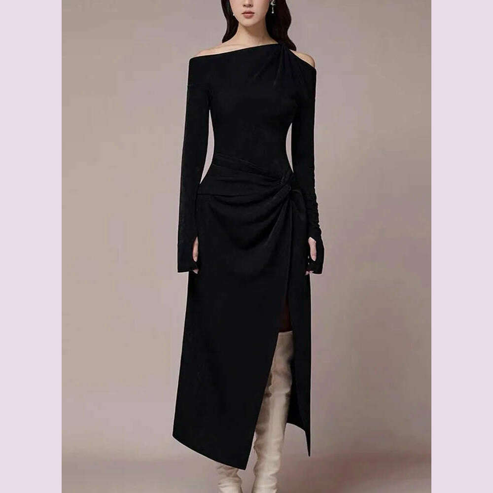 KIMLUD, VGH Solid Patchwork Folds Elegant Dress For Women Diagonal Collar Long Sleeve High Waist Temperament Split Dresses Female New, KIMLUD Womens Clothes