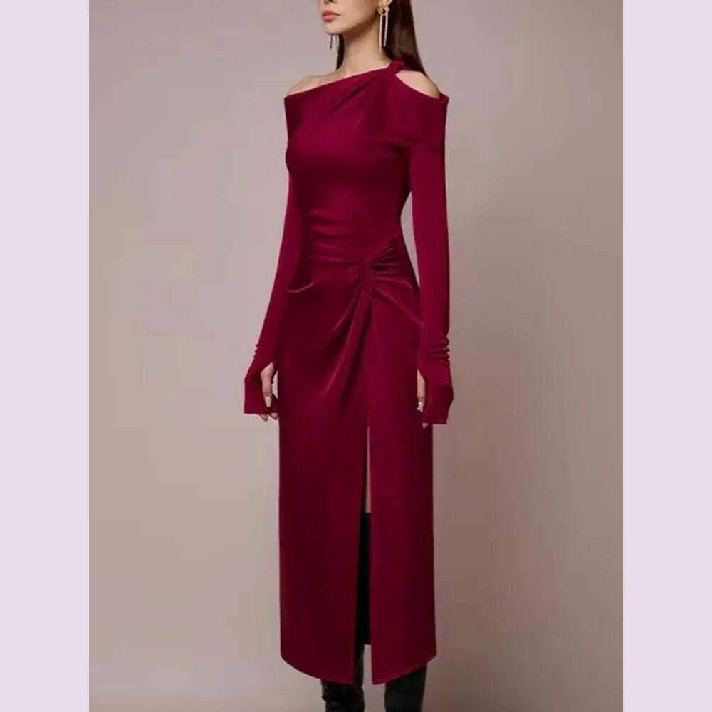 KIMLUD, VGH Solid Patchwork Folds Elegant Dress For Women Diagonal Collar Long Sleeve High Waist Temperament Split Dresses Female New, KIMLUD Womens Clothes