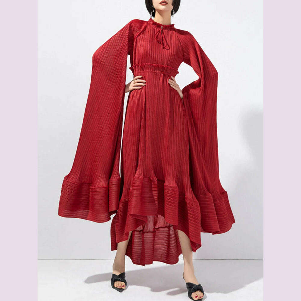 KIMLUD, VGH Solid Patchwork Lace Up Elegant Dress For Women Stand Collar Cloak Sleeve High Waist Ruffles Long Dress Female Fashion New, KIMLUD Womens Clothes