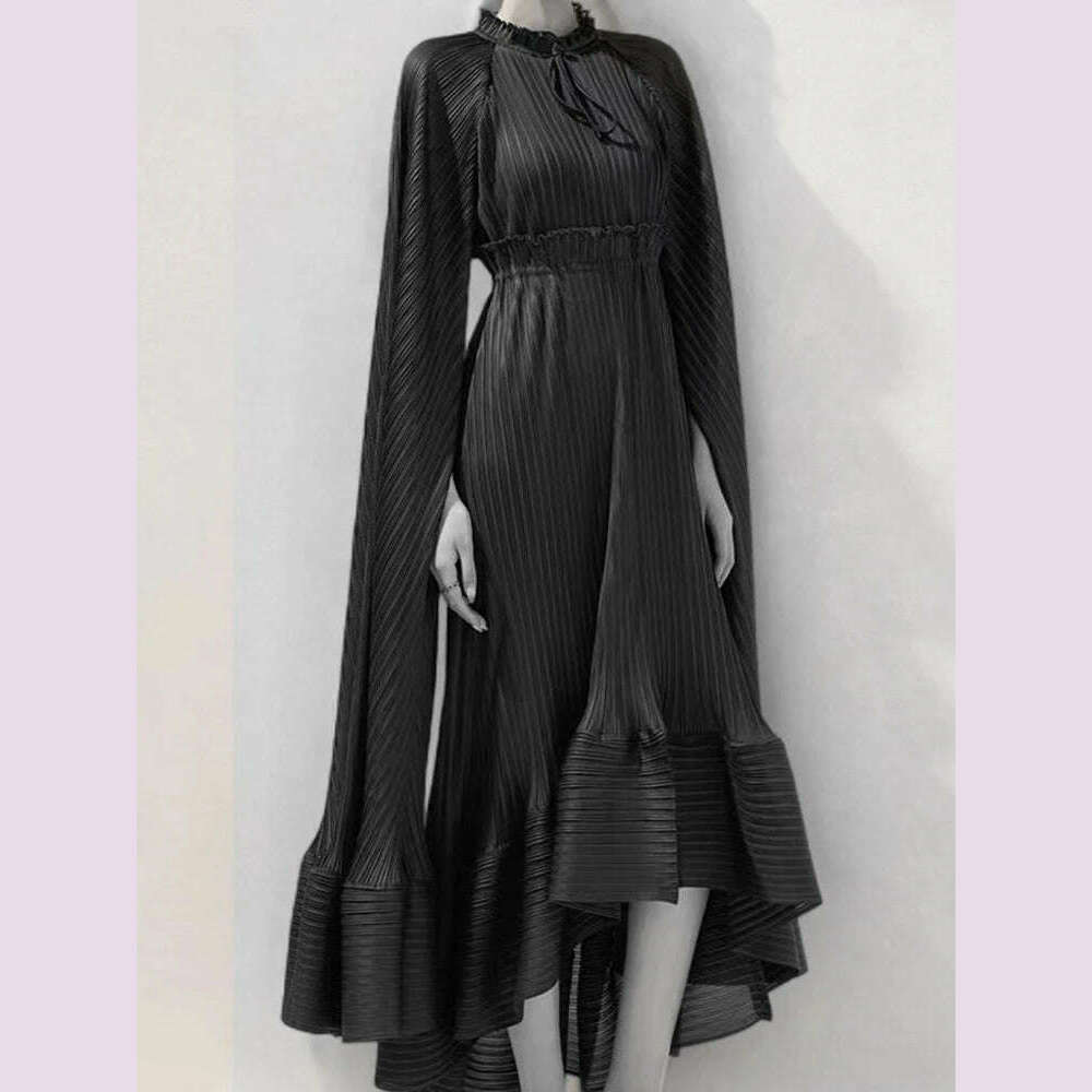 KIMLUD, VGH Solid Patchwork Lace Up Elegant Dress For Women Stand Collar Cloak Sleeve High Waist Ruffles Long Dress Female Fashion New, KIMLUD Womens Clothes