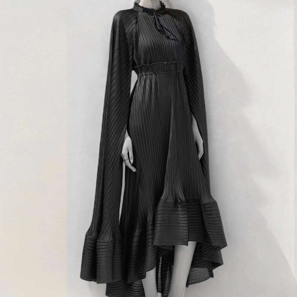 KIMLUD, VGH Solid Patchwork Lace Up Elegant Dress For Women Stand Collar Cloak Sleeve High Waist Ruffles Long Dress Female Fashion New, One Size / BLACK, KIMLUD APPAREL - Womens Clothes