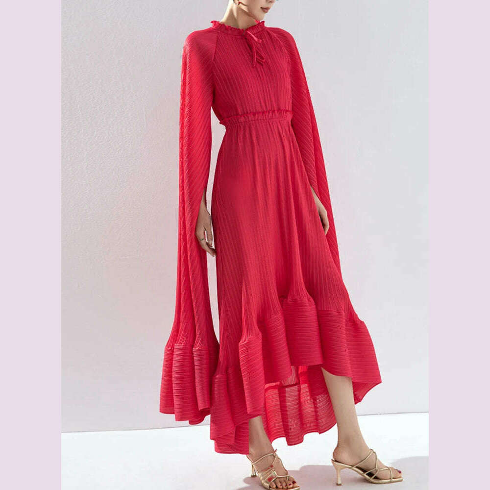 KIMLUD, VGH Solid Patchwork Lace Up Elegant Dress For Women Stand Collar Cloak Sleeve High Waist Ruffles Long Dress Female Fashion New, KIMLUD Womens Clothes