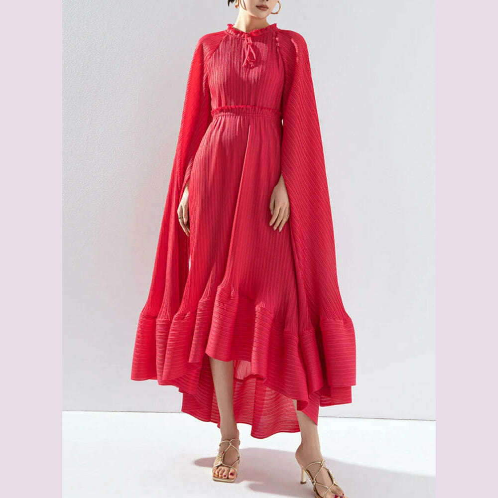 KIMLUD, VGH Solid Patchwork Lace Up Elegant Dress For Women Stand Collar Cloak Sleeve High Waist Ruffles Long Dress Female Fashion New, One Size / APRICOT, KIMLUD APPAREL - Womens Clothes