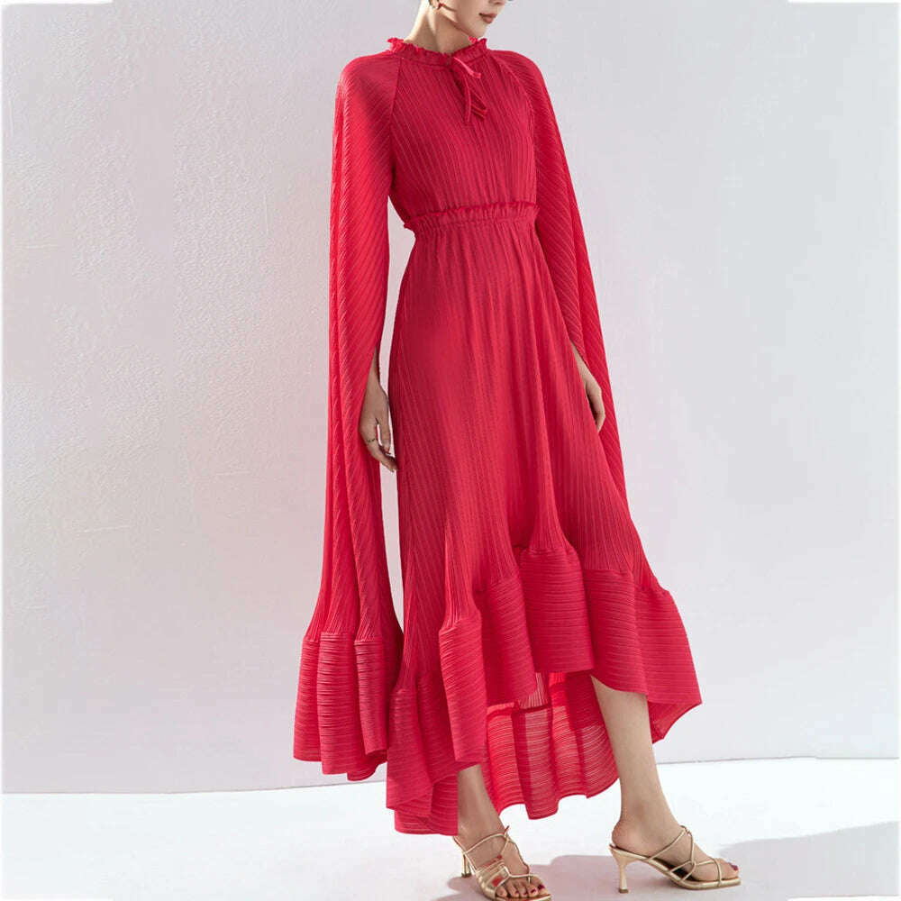 KIMLUD, VGH Solid Patchwork Lace Up Elegant Dress For Women Stand Collar Cloak Sleeve High Waist Ruffles Long Dress Female Fashion New, KIMLUD Womens Clothes