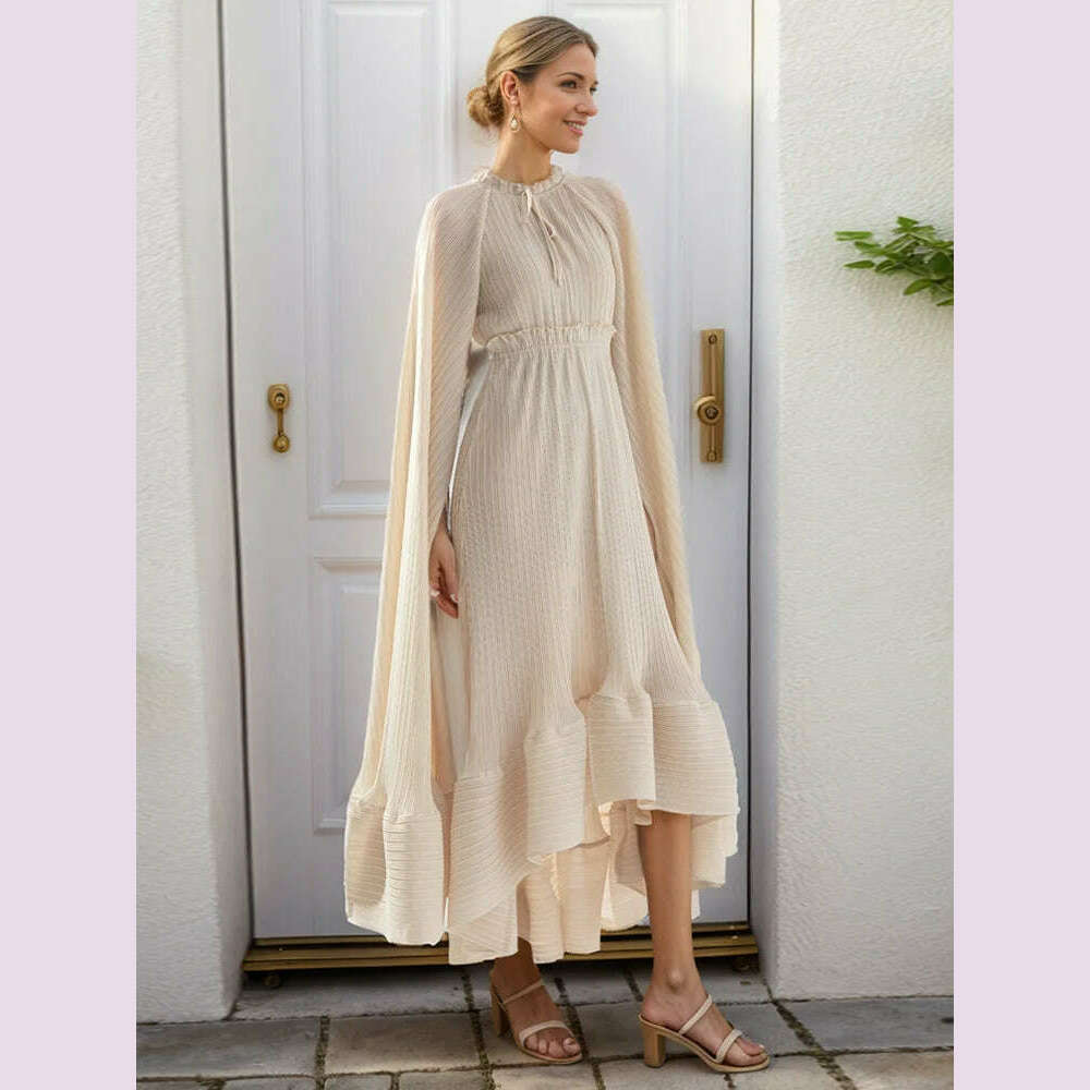 KIMLUD, VGH Solid Patchwork Lace Up Elegant Dress For Women Stand Collar Cloak Sleeve High Waist Ruffles Long Dress Female Fashion New, One Size / ROSE, KIMLUD APPAREL - Womens Clothes