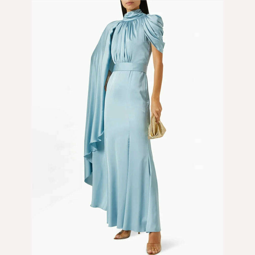 KIMLUD, VGH Solid Patchwork Lace Up Elegant Dresses For Women Round Neck One Shoulder Sleeve High Waist Long Dress Female Fashion New, KIMLUD Womens Clothes