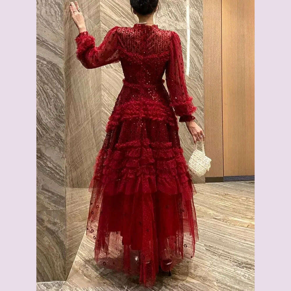 KIMLUD, VGH Solid Patchwork Squins Elegant Mesh Dress For Women Round Neck Long Sleeve High Waist Temperament Long Dresses Female New, KIMLUD Womens Clothes