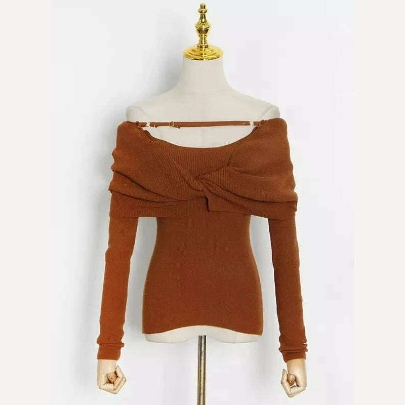 KIMLUD, VGH Solid Sexy Sweater For Women Slash Neck Long Sleeve Cut Out Slim Knitting Pullover Female Korean Fashion Clothing 2022 Style, Brown / S, KIMLUD Women's Clothes