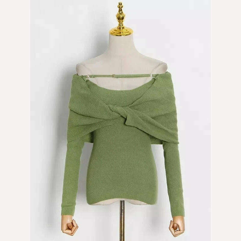 KIMLUD, VGH Solid Sexy Sweater For Women Slash Neck Long Sleeve Cut Out Slim Knitting Pullover Female Korean Fashion Clothing 2022 Style, Green / S, KIMLUD Women's Clothes