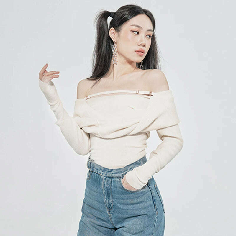 KIMLUD, VGH Solid Sexy Sweater For Women Slash Neck Long Sleeve Cut Out Slim Knitting Pullover Female Korean Fashion Clothing 2022 Style, KIMLUD Womens Clothes