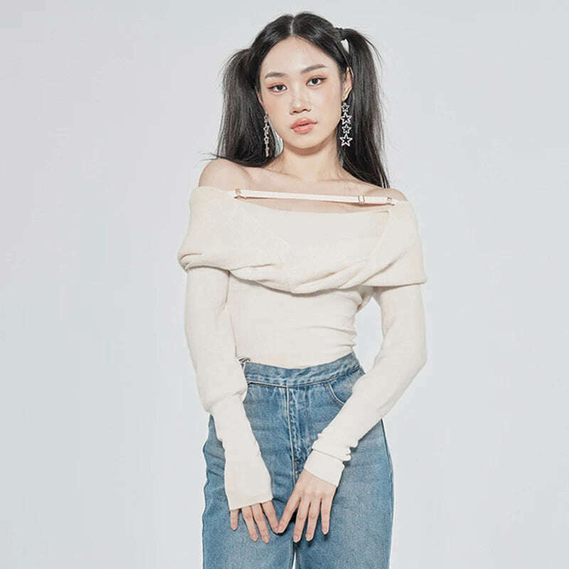 KIMLUD, VGH Solid Sexy Sweater For Women Slash Neck Long Sleeve Cut Out Slim Knitting Pullover Female Korean Fashion Clothing 2022 Style, KIMLUD Women's Clothes