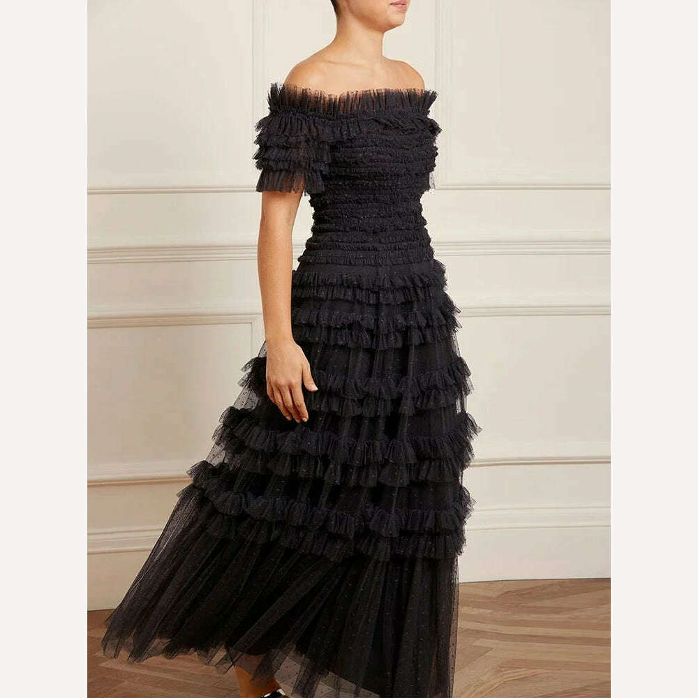 VGH Solid Slimming Temperament Mesh Dresses For Women Slash Neck Short Sleeve High Waist A Line Strapless Dress Female Summer - KIMLUD