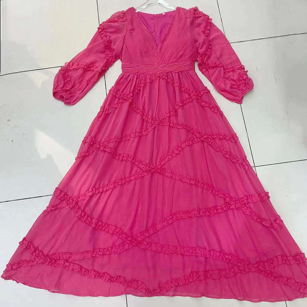 KIMLUD, VGH Solid Spliced Mesh Elegant Dresses For Women V Neck Lantern Sleeve High Waist Patchwork Ruffles A Line Dress Female Fashion, PINK / S, KIMLUD APPAREL - Womens Clothes