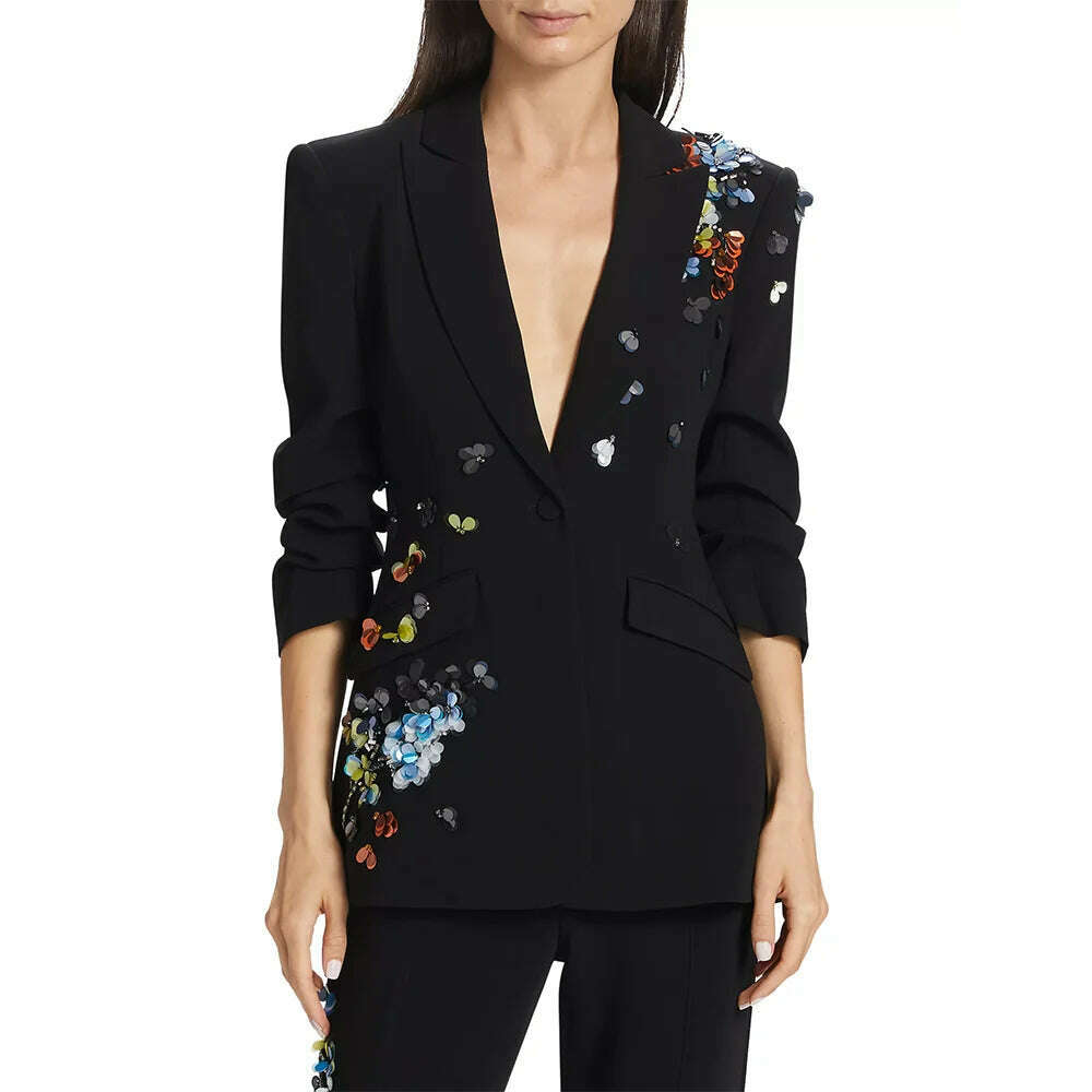 KIMLUD, VGH Solid Spliced Sequins Slimming Blazers For Women Notched Collar Long Sleeve Tunic Casual Chic Blazer Female New Autumn 2024, BLACK / L, KIMLUD APPAREL - Womens Clothes