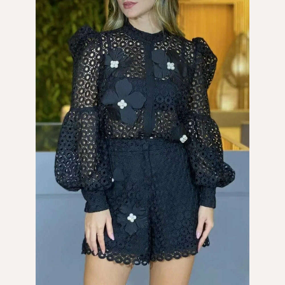 VGH Solid Two Piece Set For Women Round Neck Lantern Sleeve Cut Out Spliced Pearls Floral Top High Waist Shorts Chic Sets Female - KIMLUD