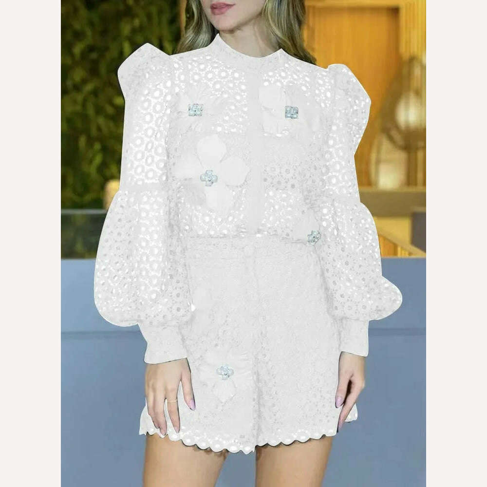 VGH Solid Two Piece Set For Women Round Neck Lantern Sleeve Cut Out Spliced Pearls Floral Top High Waist Shorts Chic Sets Female - KIMLUD