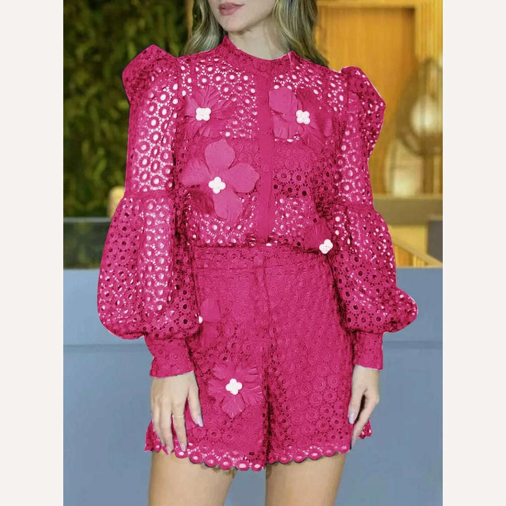VGH Solid Two Piece Set For Women Round Neck Lantern Sleeve Cut Out Spliced Pearls Floral Top High Waist Shorts Chic Sets Female - KIMLUD