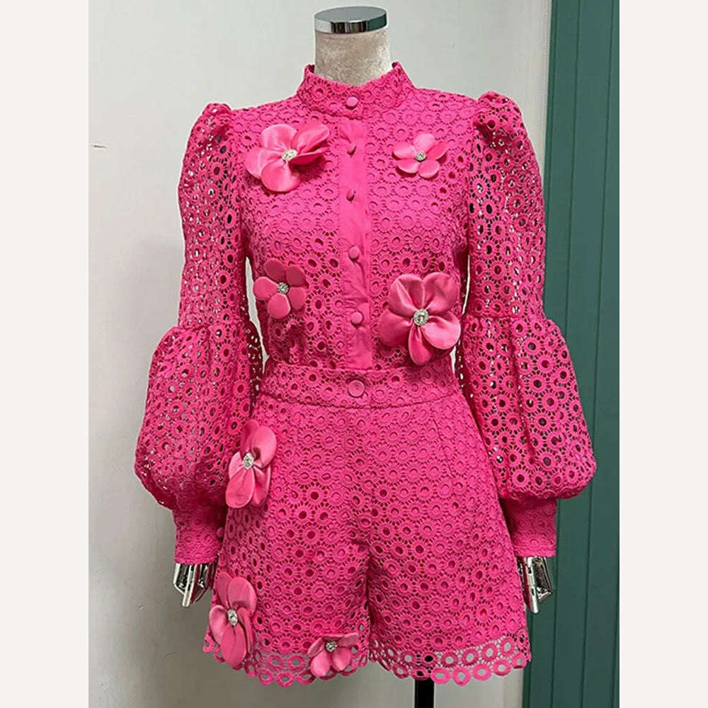 VGH Solid Two Piece Set For Women Round Neck Lantern Sleeve Cut Out Spliced Pearls Floral Top High Waist Shorts Chic Sets Female - KIMLUD