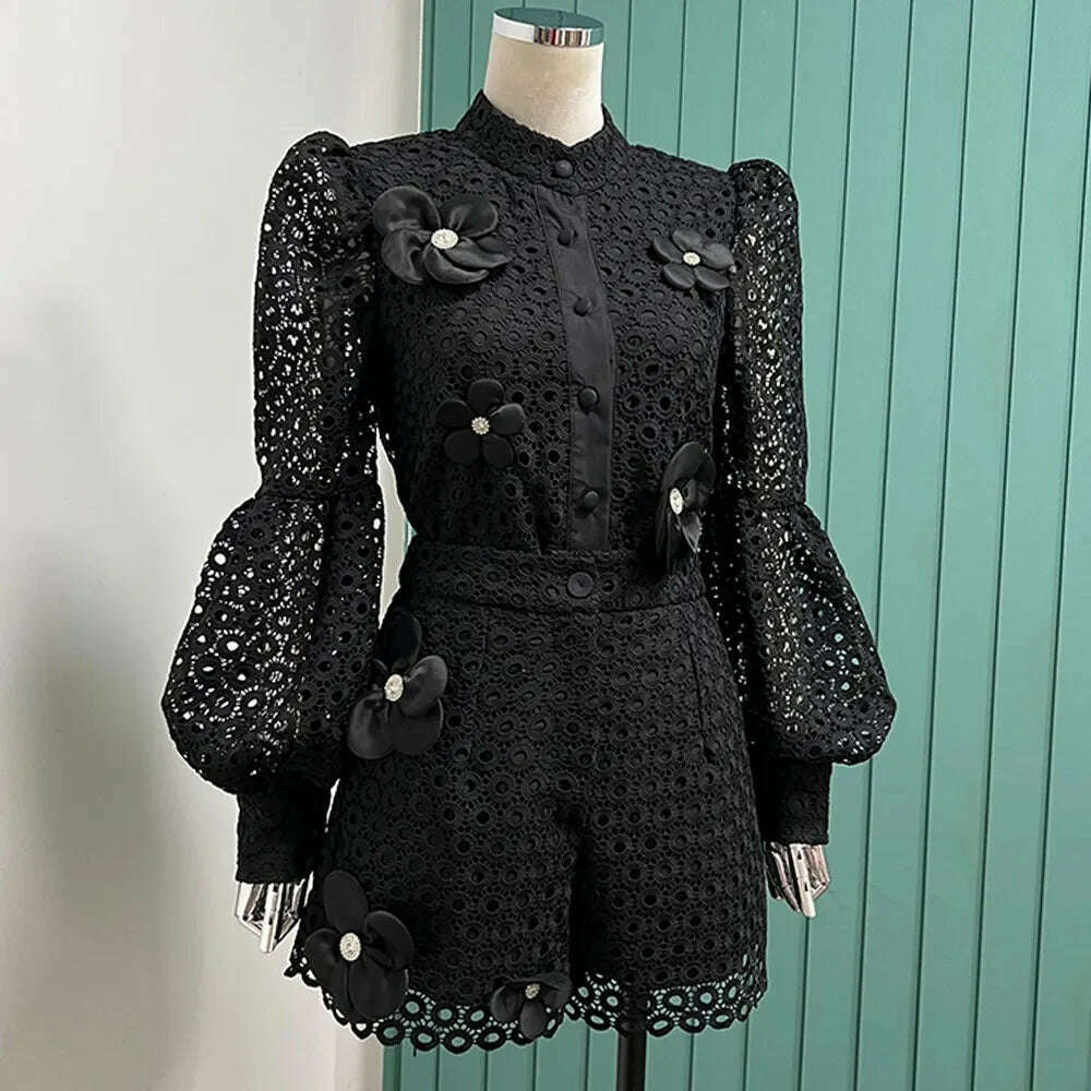 KIMLUD, VGH Solid Two Piece Set For Women Round Neck Lantern Sleeve Cut Out Spliced Pearls Floral Top High Waist Shorts Chic Sets Female, BLACK / S, KIMLUD Women's Clothes