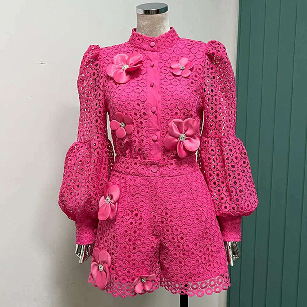 VGH Solid Two Piece Set For Women Round Neck Lantern Sleeve Cut Out Spliced Pearls Floral Top High Waist Shorts Chic Sets Female - KIMLUD