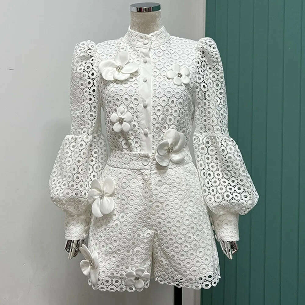 VGH Solid Two Piece Set For Women Round Neck Lantern Sleeve Cut Out Spliced Pearls Floral Top High Waist Shorts Chic Sets Female - KIMLUD