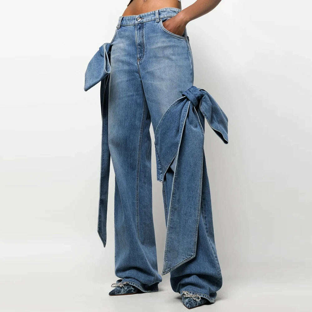KIMLUD, VGH Spliced Bowknot Casual Jeans For Women High Waist Patchwork Pockets Streetwear Denim Straight Pants Female Fashion Clothing, S / Blue, KIMLUD Womens Clothes