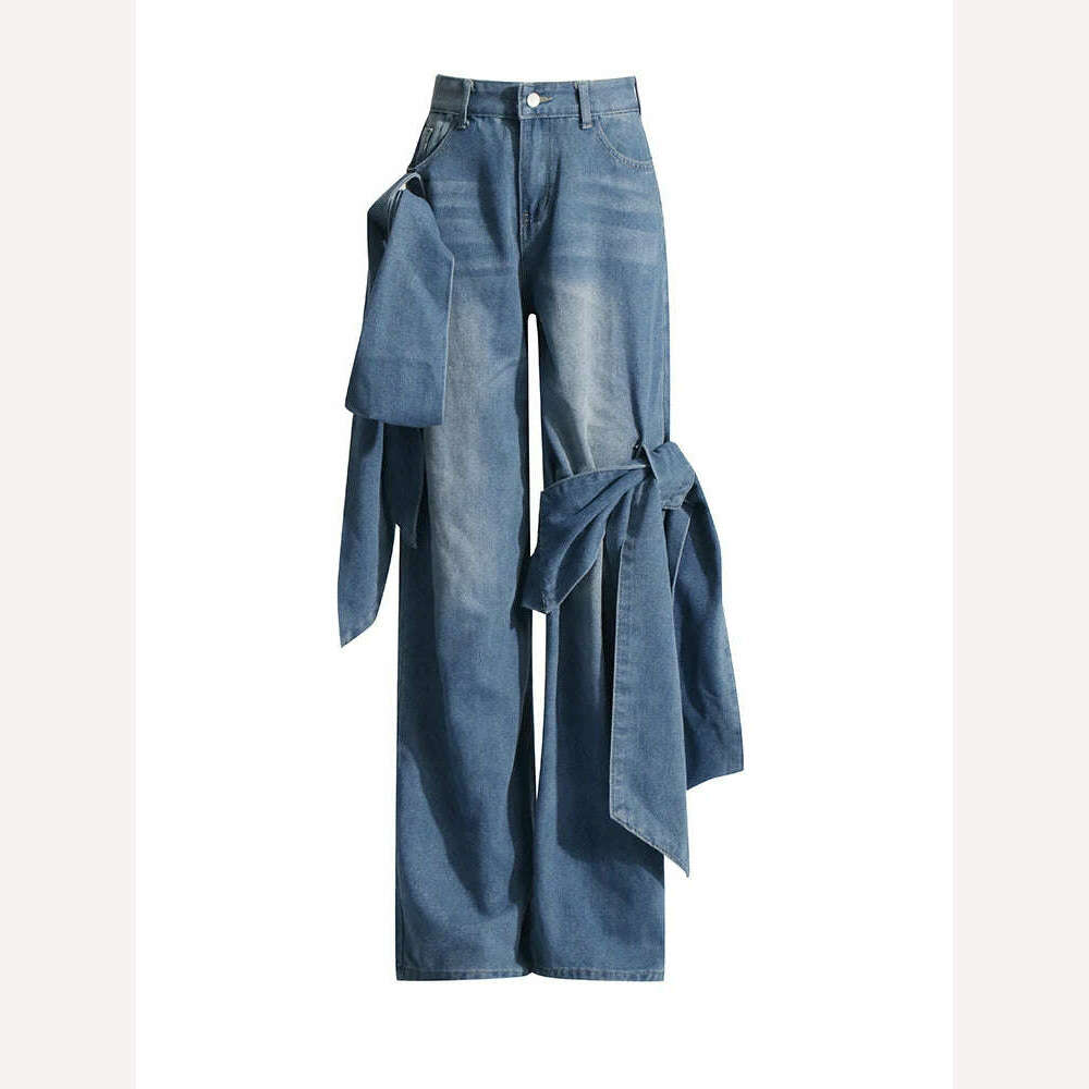 KIMLUD, VGH Spliced Bowknot Casual Jeans For Women High Waist Patchwork Pockets Streetwear Denim Straight Pants Female Fashion Clothing, KIMLUD Womens Clothes