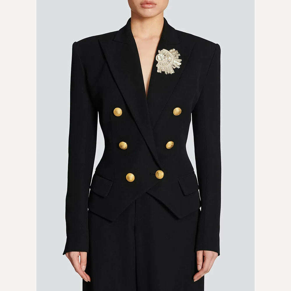 KIMLUD, VGH Spliced Diamonds Vintage Blazers For Women Notched Collar Long Sleeve Tunic Patchwork Double Breasted Solid Blazer Female, KIMLUD Womens Clothes