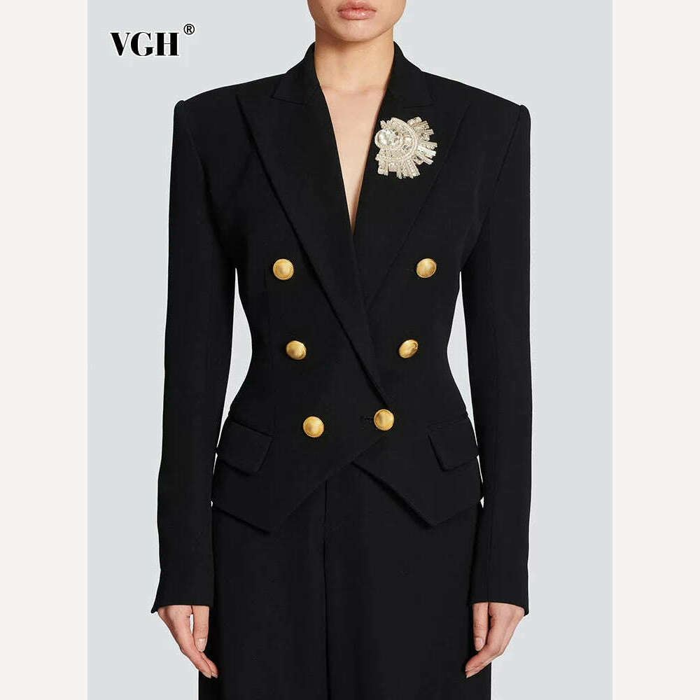 VGH Spliced Diamonds Vintage Blazers For Women Notched Collar Long Sleeve Tunic Patchwork Double Breasted Solid Blazer Female, KIMLUD Women's Clothes