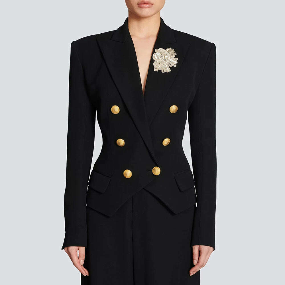 VGH Spliced Diamonds Vintage Blazers For Women Notched Collar Long Sleeve Tunic Patchwork Double Breasted Solid Blazer Female, Black / S, KIMLUD Women's Clothes