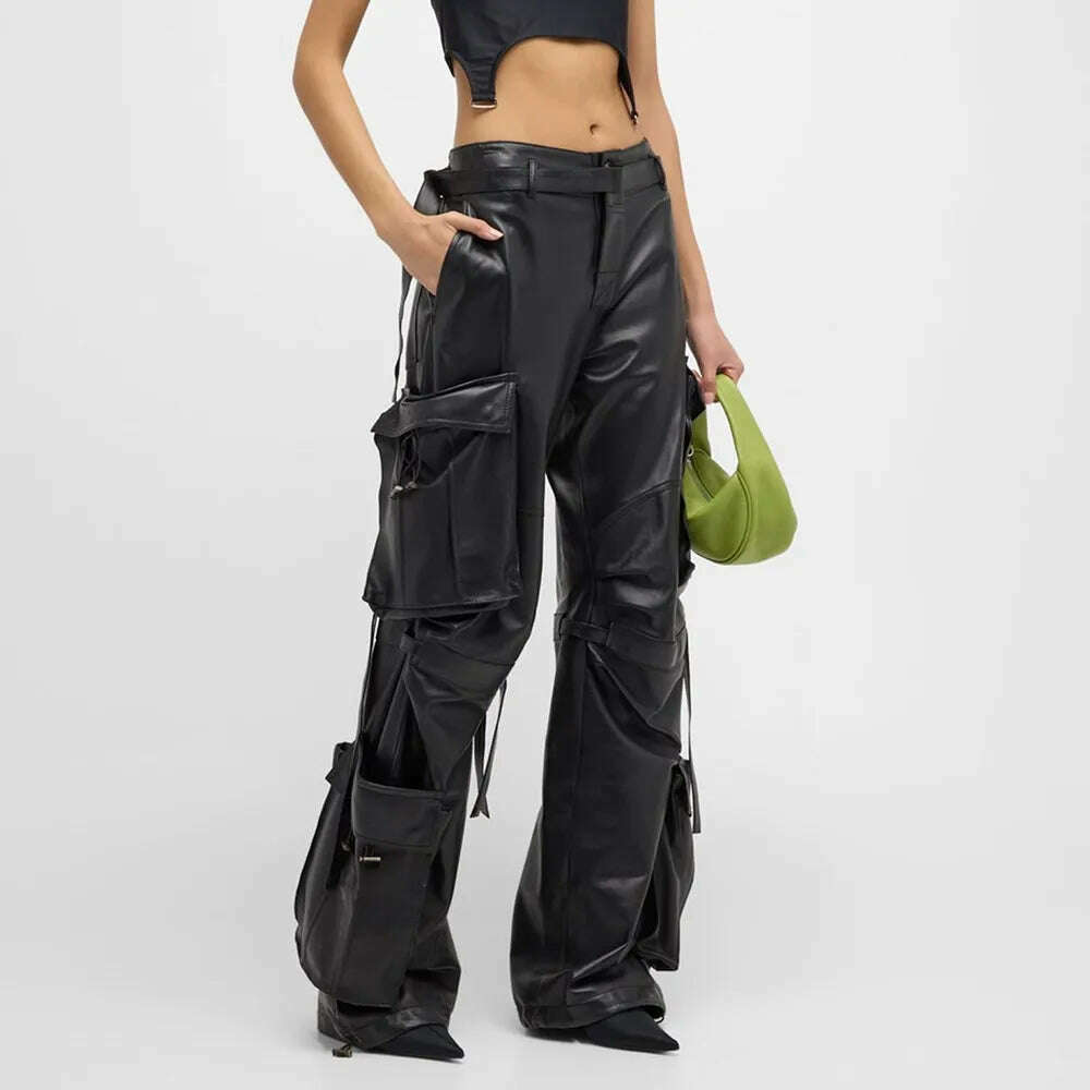 KIMLUD, VGH spliced pockets solid leather cargo pants for women high waist patchwork belt loose streetwear floor length trouser female, Black / S, KIMLUD Women's Clothes