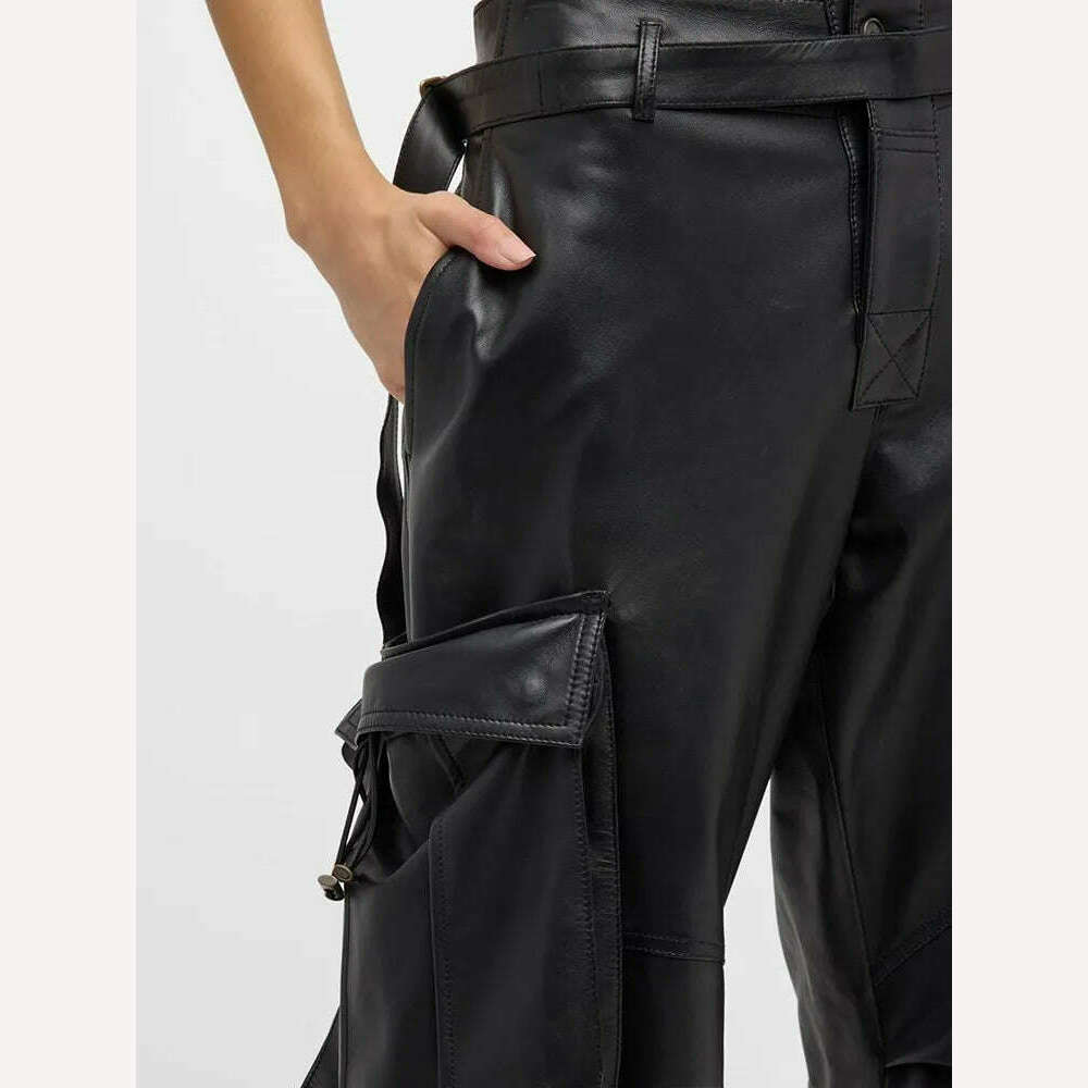 KIMLUD, VGH spliced pockets solid leather cargo pants for women high waist patchwork belt loose streetwear floor length trouser female, KIMLUD Women's Clothes