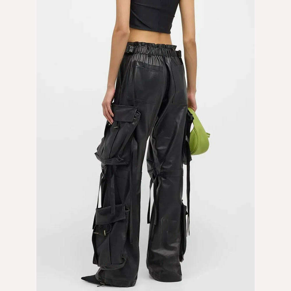 KIMLUD, VGH spliced pockets solid leather cargo pants for women high waist patchwork belt loose streetwear floor length trouser female, KIMLUD Women's Clothes