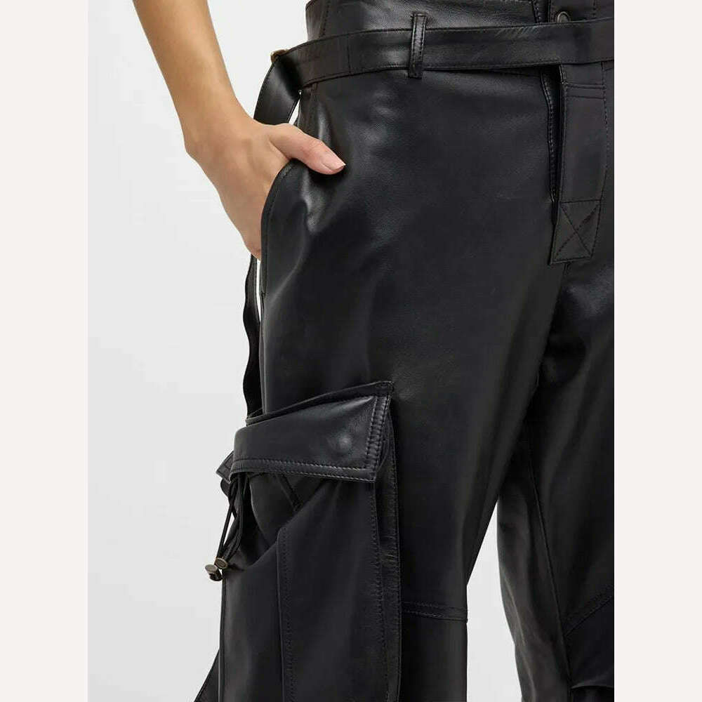 KIMLUD, VGH spliced pockets solid leather cargo pants for women high waist patchwork belt loose streetwear floor length trouser female, KIMLUD Womens Clothes