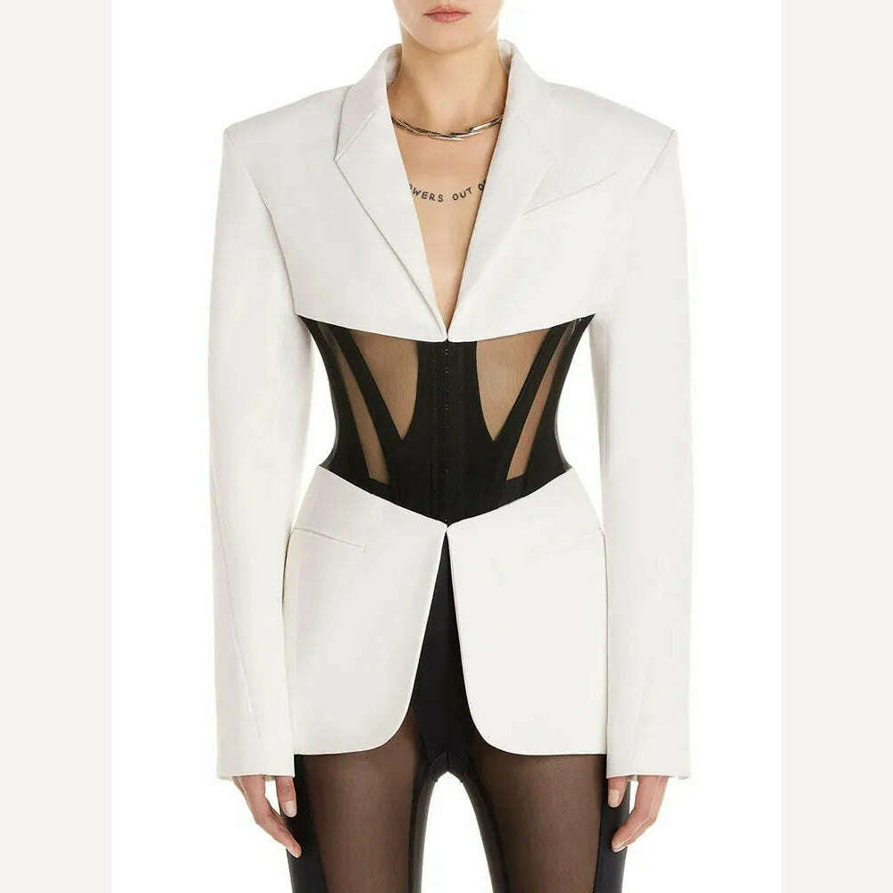 KIMLUD, VGH Temperament Blazers For Women Notched Collar Long Sleeve Hit Color Patchwork Sheer Mesh Slim Blazer Female Fashion Style New, KIMLUD Womens Clothes