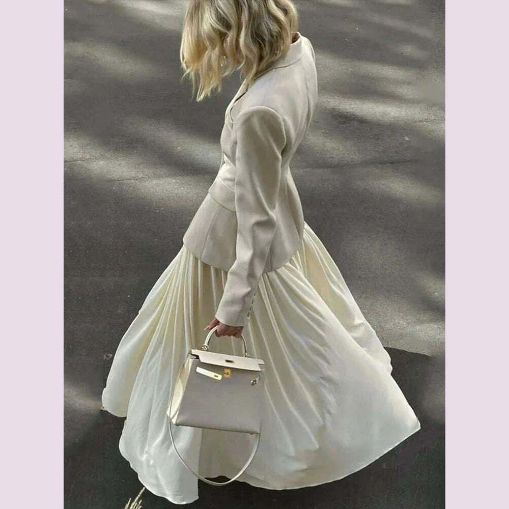 KIMLUD, VGH Temperament Two Piece Sets For Women Notched Collar Long Sleeve Blazers High Waist A Line Pleated Skirts Elegant Set Female, KIMLUD Womens Clothes
