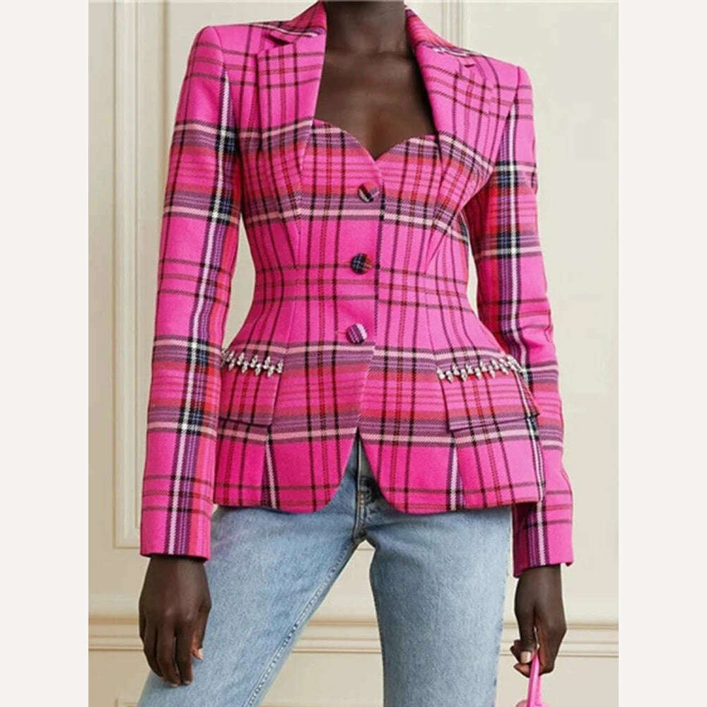 KIMLUD, VGH Vintage Plaid Colorblock Blazers For Women Notched Collar Long Sleeve Hollow Out High Waist Slimming Coats Female 2022 New, rose / S, KIMLUD APPAREL - Womens Clothes