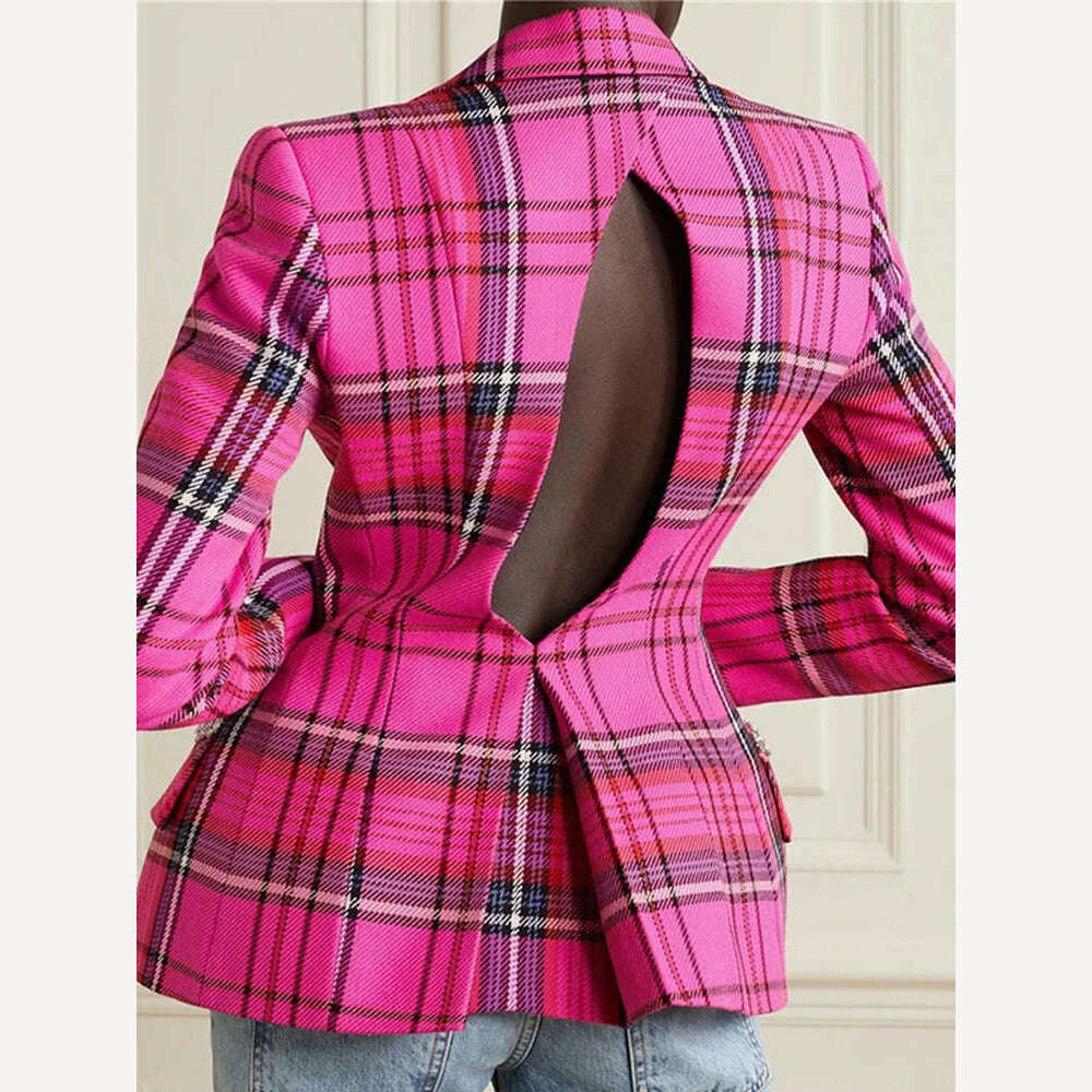 KIMLUD, VGH Vintage Plaid Colorblock Blazers For Women Notched Collar Long Sleeve Hollow Out High Waist Slimming Coats Female 2022 New, KIMLUD Womens Clothes