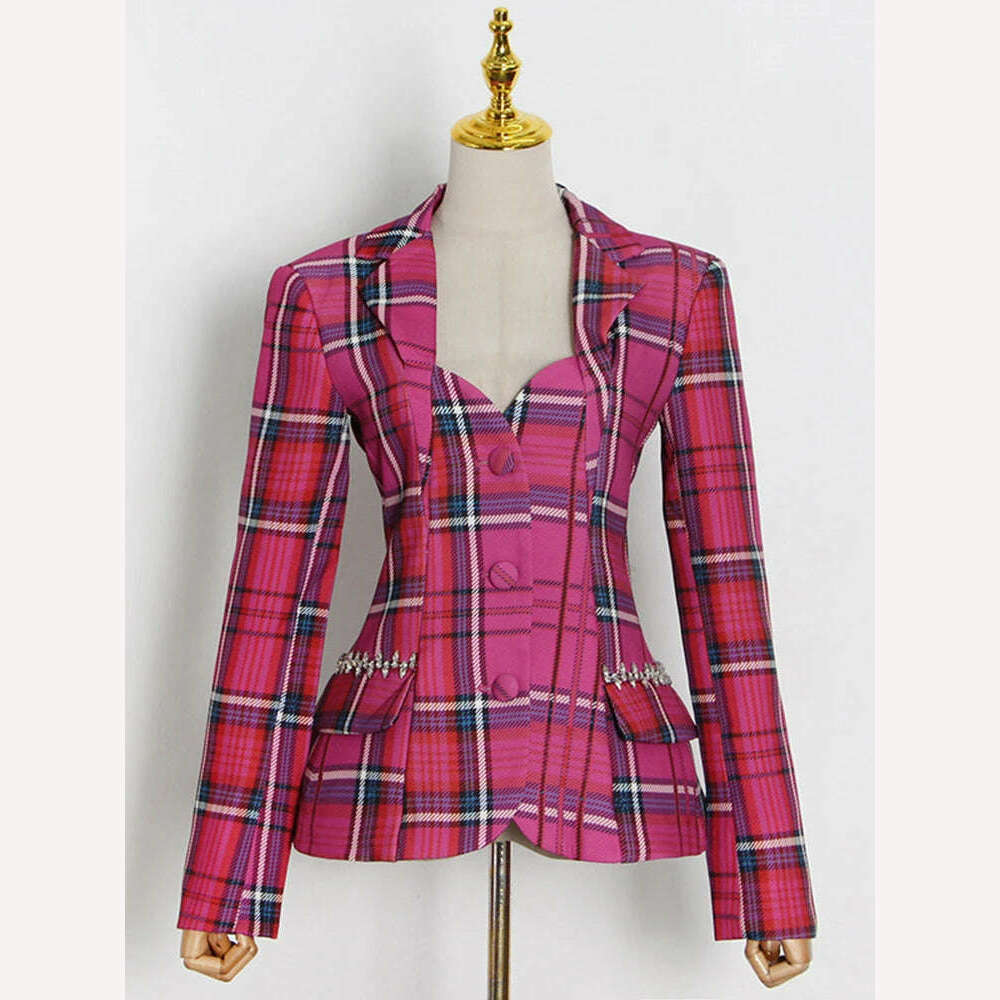 KIMLUD, VGH Vintage Plaid Colorblock Blazers For Women Notched Collar Long Sleeve Hollow Out High Waist Slimming Coats Female 2022 New, KIMLUD Womens Clothes