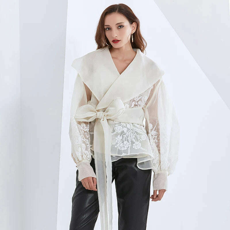 KIMLUD, VGH Vintage Print Embroidery Shirt For Women Lapel Long Sleeve Sashes Elegant Blouse Female Fashion New Clothing 2022 Spring, KIMLUD Womens Clothes