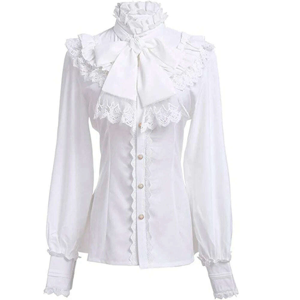 KIMLUD, Victorian Women's Ruched Lace Shirts And Blouses Gothic Lolita Vintage Long Sleeve Lotus Ruffle Solid Black White Tops Shirt, White / L / CHINA, KIMLUD APPAREL - Womens Clothes