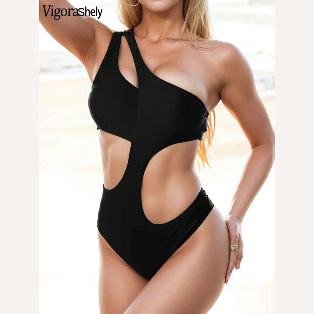 KIMLUD, Vigoashely 2024 Sexy Solid Hollow One Shoulder Swimwear Women Push UP One Piece Swimsuit Monokini Backless Summer Bathing Suit, KIMLUD Womens Clothes