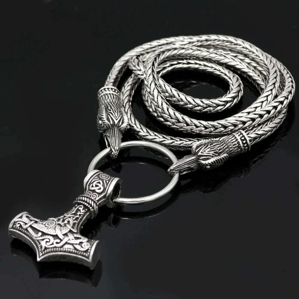 KIMLUD, Viking Cord Odin's  Ravens Of Thor's Hammer Mjolnir Scandinavian Axe Wolf Pendant  NECKLACE - Stainless chain, KIMLUD Womens Clothes