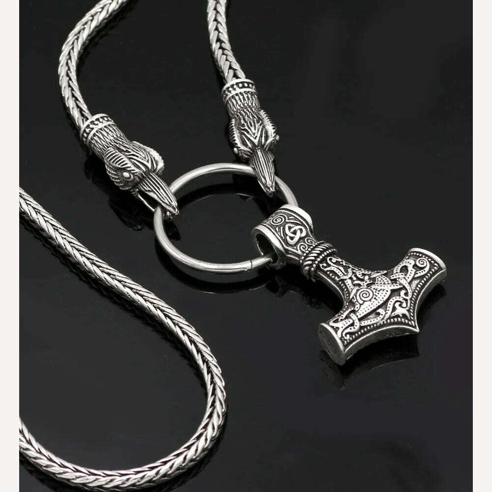 KIMLUD, Viking Cord Odin's  Ravens Of Thor's Hammer Mjolnir Scandinavian Axe Wolf Pendant  NECKLACE - Stainless chain, KIMLUD Womens Clothes