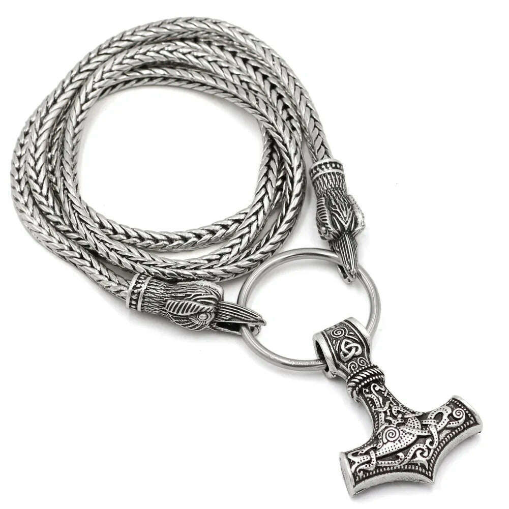 KIMLUD, Viking Cord Odin's  Ravens Of Thor's Hammer Mjolnir Scandinavian Axe Wolf Pendant  NECKLACE - Stainless chain, KIMLUD Womens Clothes