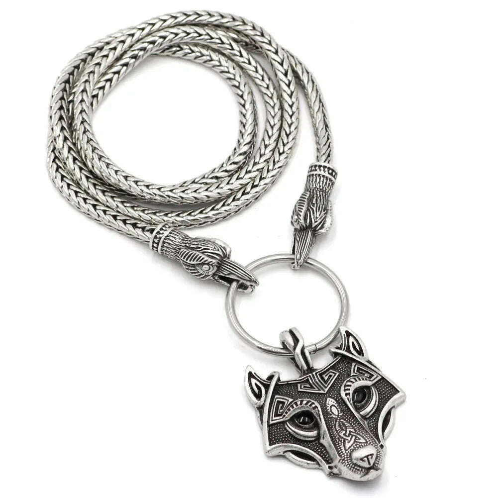 KIMLUD, Viking Cord Odin's  Ravens Of Thor's Hammer Mjolnir Scandinavian Axe Wolf Pendant  NECKLACE - Stainless chain, Bird metal Wolf / 70cm, KIMLUD Womens Clothes